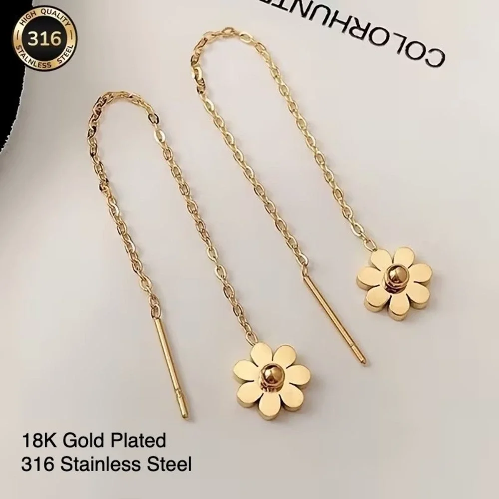 Gold Flower Threader Earrings 18K Gold Plated 316 Stainless Steel Daisy Floral